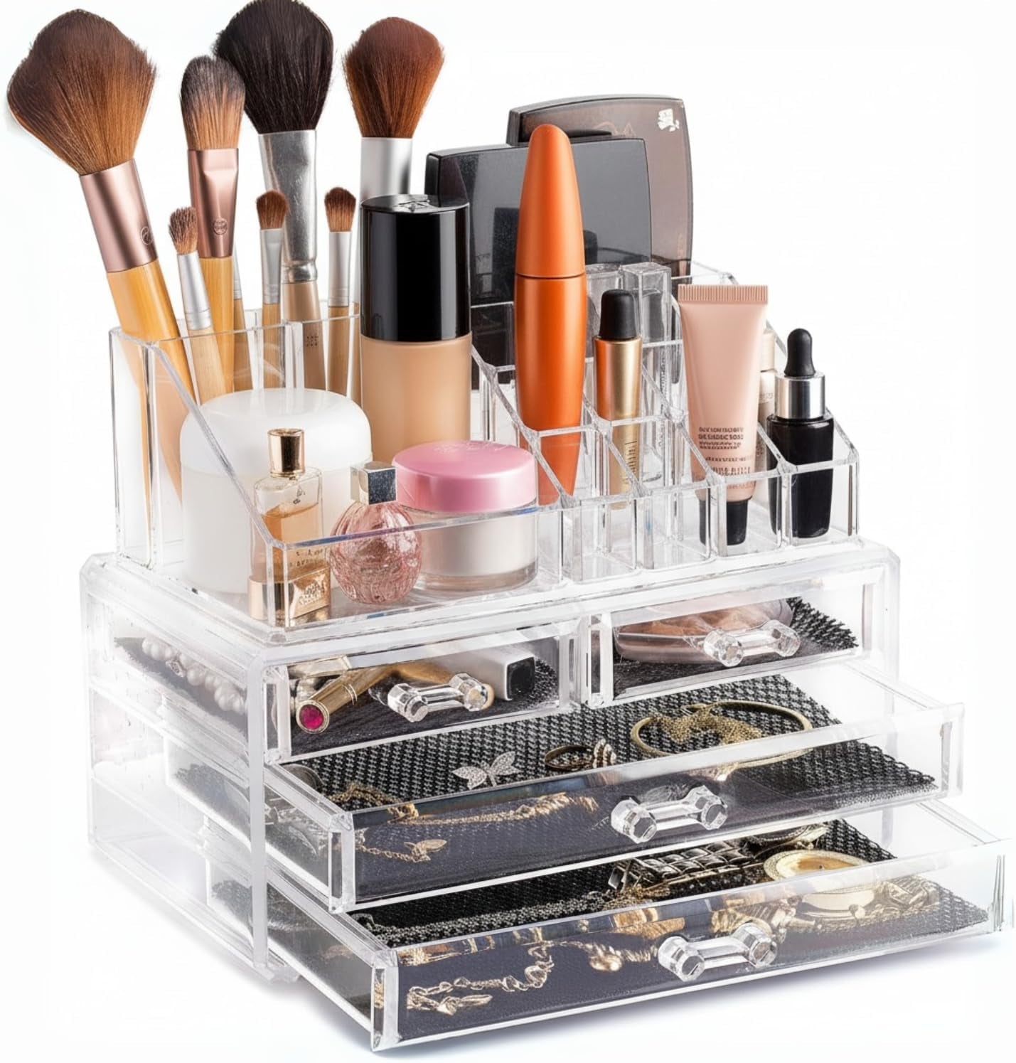 Clear Makeup Organizer - 16-Compartment Cosmetic and Jewelry Holder with 4 Drawers - Vanity Storage Box for Makeup, Skincare, Accessories, and Jewelry Display