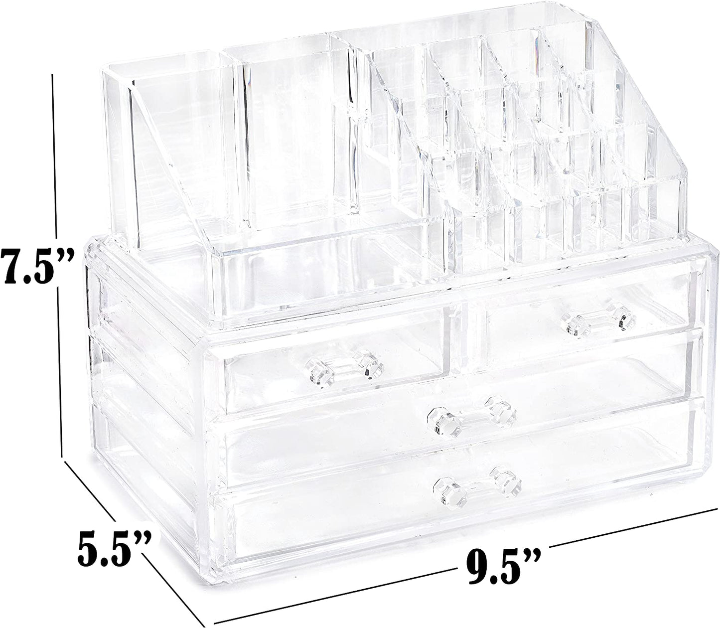 Clear Makeup Organizer - 16-Compartment Cosmetic and Jewelry Holder with 4 Drawers - Vanity Storage Box for Makeup, Skincare, Accessories, and Jewelry Display