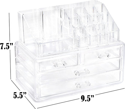 Clear Makeup Organizer - 16-Compartment Cosmetic and Jewelry Holder with 4 Drawers - Vanity Storage Box for Makeup, Skincare, Accessories, and Jewelry Display