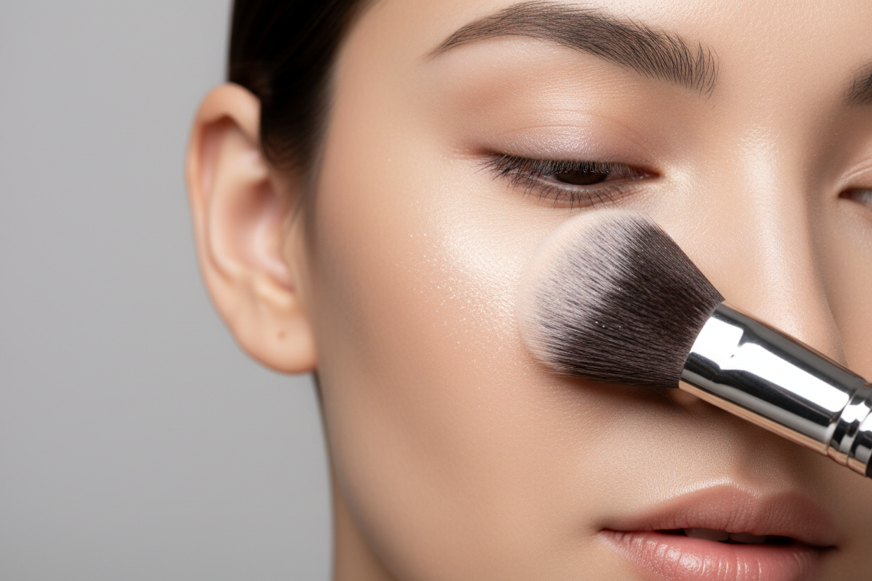 Face using a makeup brush..... background to be ash grey 